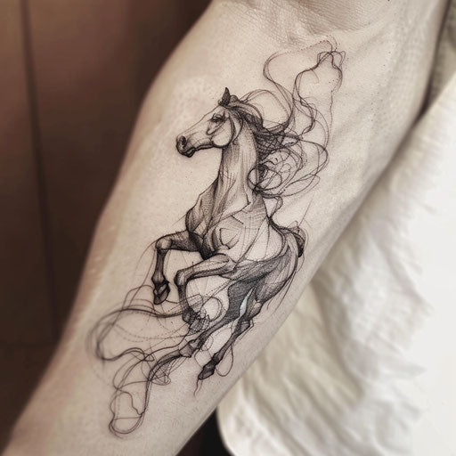 Dynamic flat tattoo sketch of a galloping dark horse with abstract smoke trails