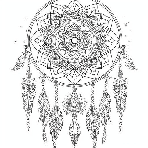 Dream catcher with Native American motifs. Coloring page
