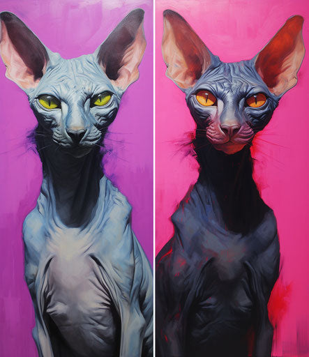 Sphynx cat with four pictures of each, in tony diterlizzi style