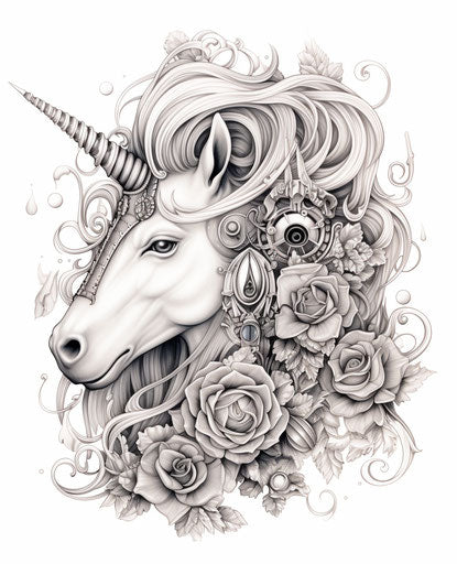 Unicorn coloring page with flowers, intricate steampunk style