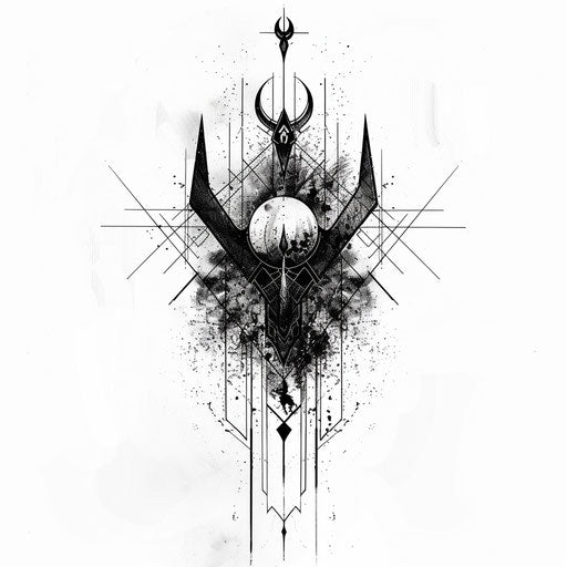 Abstract tattoo sketch blending Dark Souls motifs in a flat geometric design with sharp black lines
