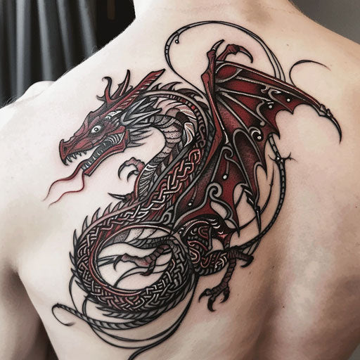 Intricate Norse dragon tattoo in traditional Scandinavian style