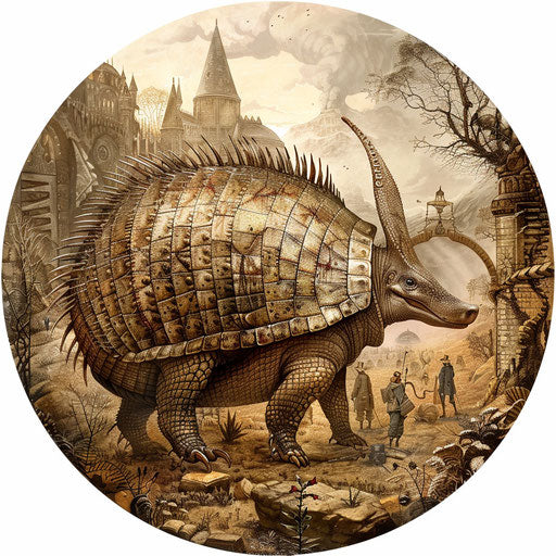 An armadillo traveling through time, witnessing key historical events.