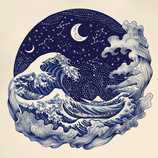 Whimsical Cancer constellation tattoo sketch with gentle waves and moonlit skies