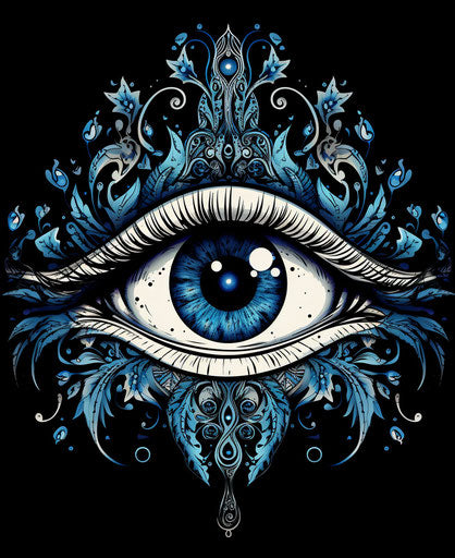 Black and white drawing of the eye with blue, intricate foliage style