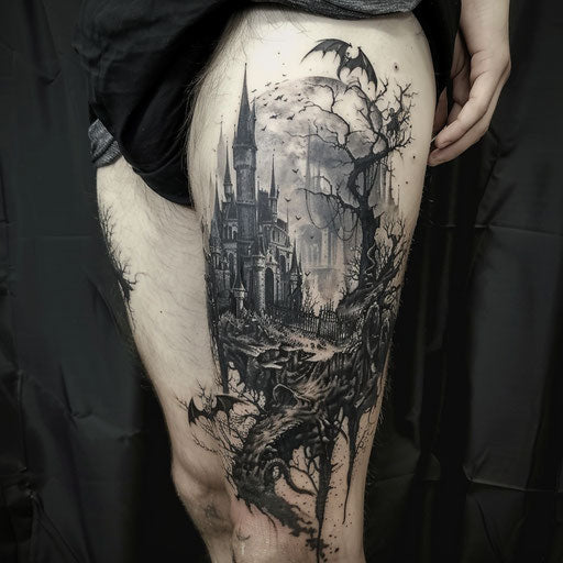 Dark and gothic-themed thigh tattoos with sinister creatures and haunted landscapes