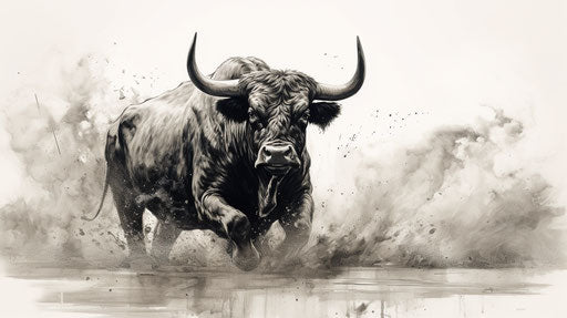 Black and white bull, wet-on-wet blending, 8k, dusty piles, animated gif