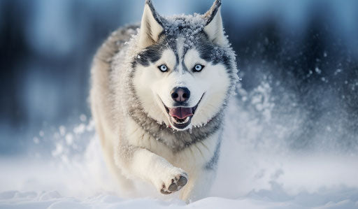 A husky dog running in the snow