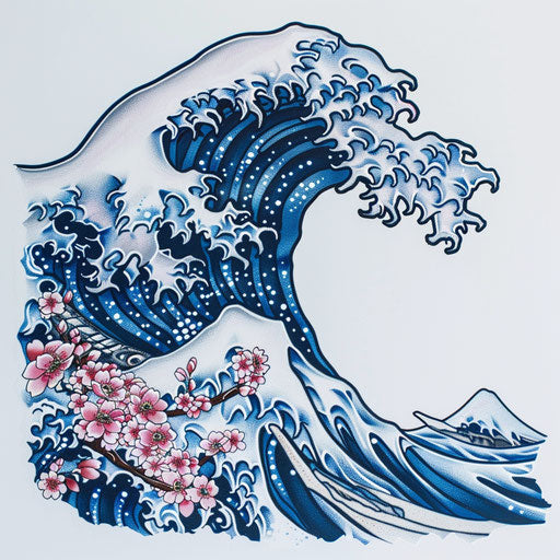 Dynamic Japanese wave and cherry blossom tattoo, blue and pink