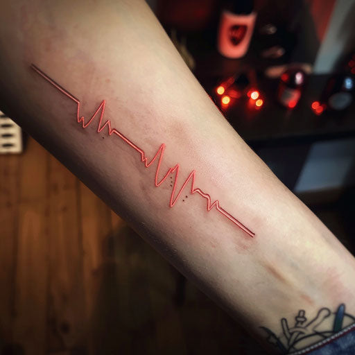 Flat tattoo sketch of an EKG heartbeat line with a subtle red glow, encapsulating the rhythm of life