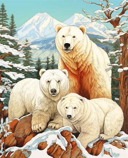Four polar bears and a squirrel outside, hand-coloring style