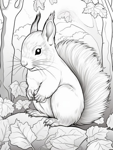 Coloring page of a squirrel in fall with a brown tassel