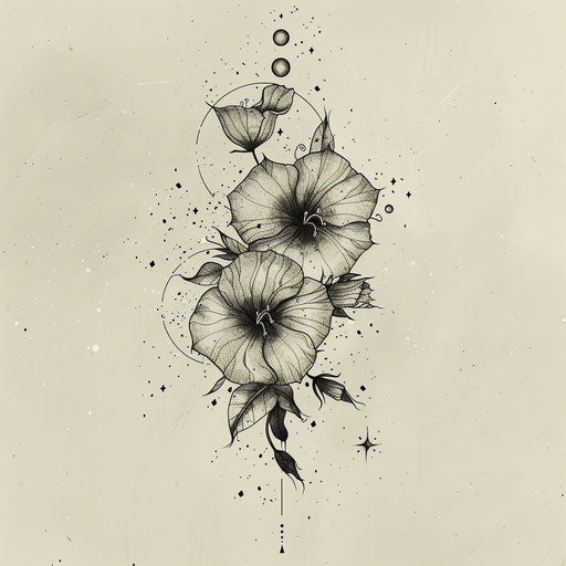 Mystical tattoo sketch of morning glory with stars and moon phases in dark, moody tones