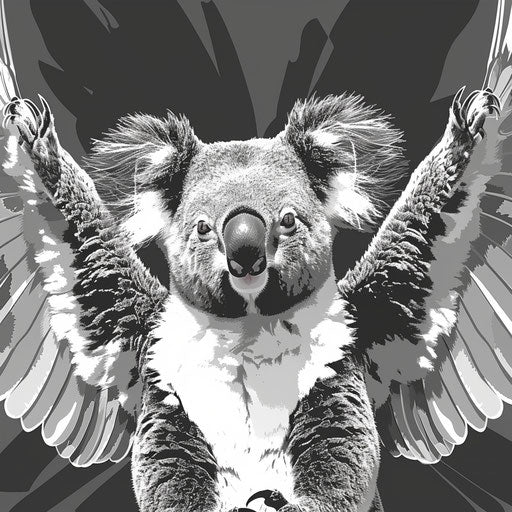 Koala clipart in photo realistic style with a flat random background, monochrome palette and detailed wings