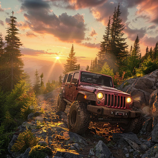 Off-road vehicle climbing rocky mountain at sunset