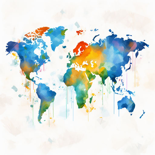 World map clipart in the style of Impressionistic Art, on a white background