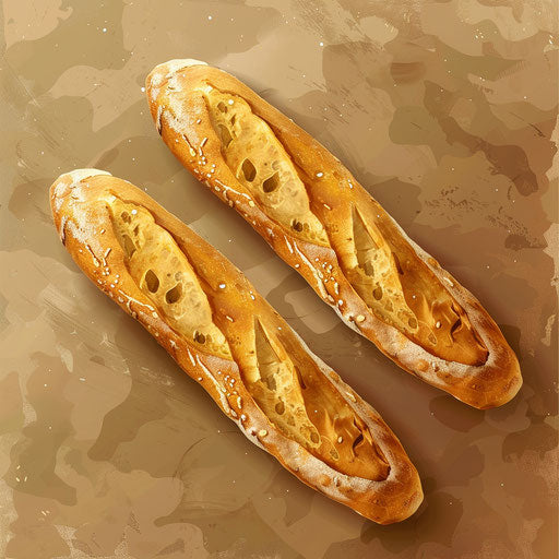 Baguette illustration in photo realistic style with flat random background, metallic sheen and realistic textures