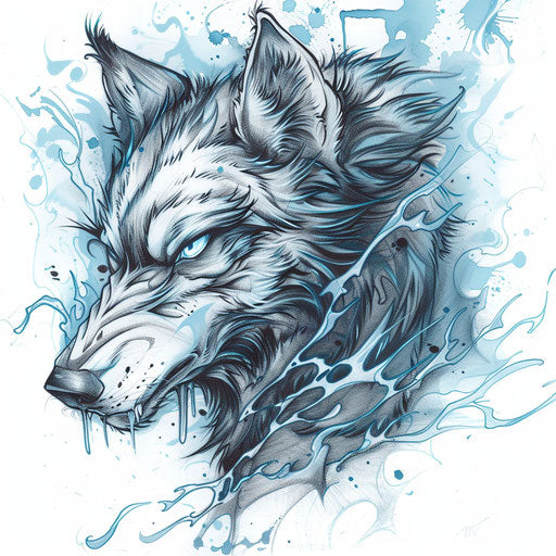 Edgy tattoo sketch of a venomous wolf, flat style with stark blacks and icy blues