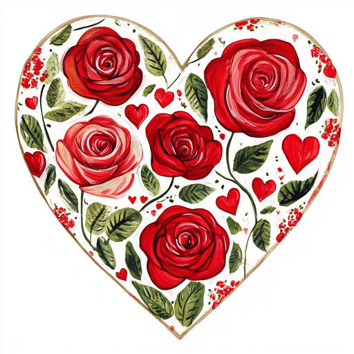 Red roses and hearts in heart shape in David Hockney style