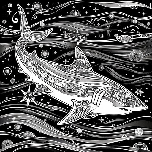 Mystical shark with glowing patterns in the dark ocean