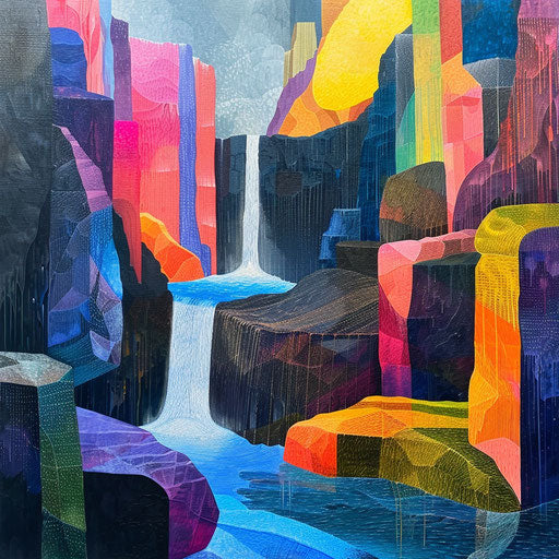 Tegenungan Waterfall with abstract rock formations and bold colors Ed Mell-style