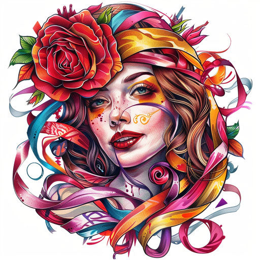 Vibrant flat tattoo sketch of a gypsy rose surrounded by a festival of colorful ribbons