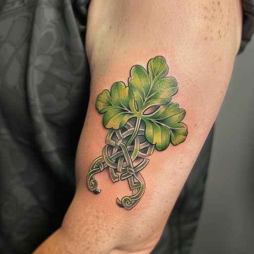 Irish shamrock tattoo with Celtic knots on white backdrop