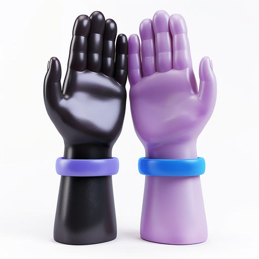 3D icon of two touching hands, one black and the other purple with blue wristbands, white background