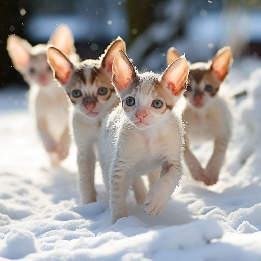 Cornish Rex cat kittens playing in the snow
