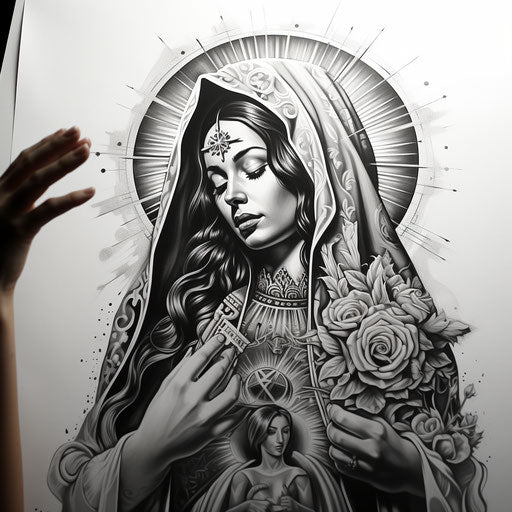 Black and white tattoo with image of Mary, lithograph style