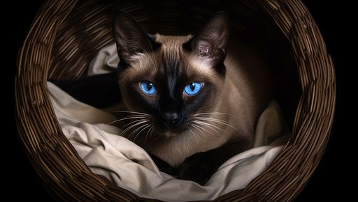 A siamese cat in a round basket, dark brown and light beige style, soft focal points, light beige and indigo, mono-ha, smooth and polished, sombre, soft-edged 37:21