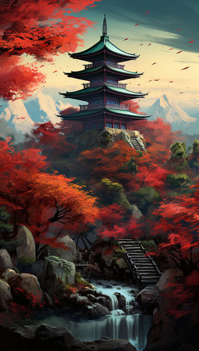Japanese pagoda in autumn: digital fantasy landscape