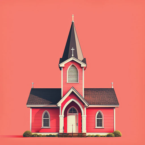 Realistic church clipart on a flat vibrant coral background