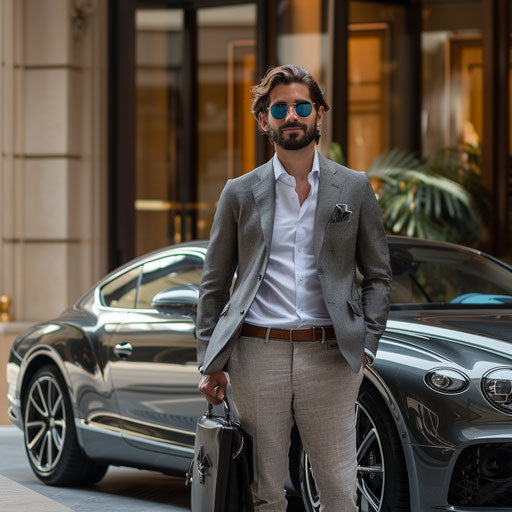Successful businessman next to luxury car, confidence shown