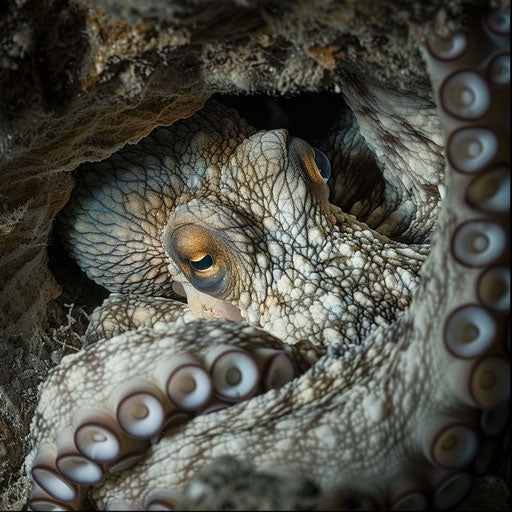 A mother octopus guarding her eggs in a hidden undersea cave, a moment of maternal instinct