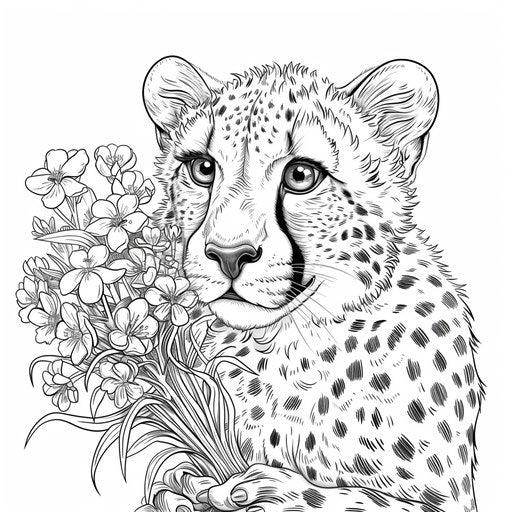 Whimsical cheetah holding a bouquet of flowers, charming