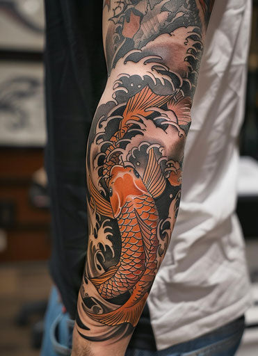 Koi fish tattoo with sea creature and dark orange dragon
