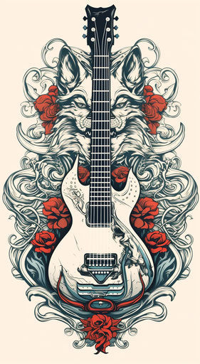 Guitar with wolf and gun, graphic and symmetrical style, 35:64