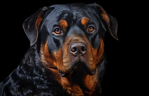 Rottweiler dog portrait painted on black canvas