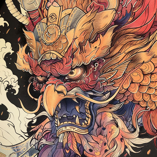 Neo-traditional tattoo sketch of a Tengu with rich colors