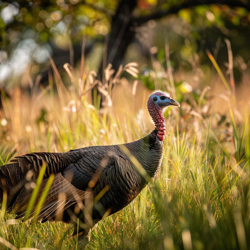 Wild turkey walking in tall grass