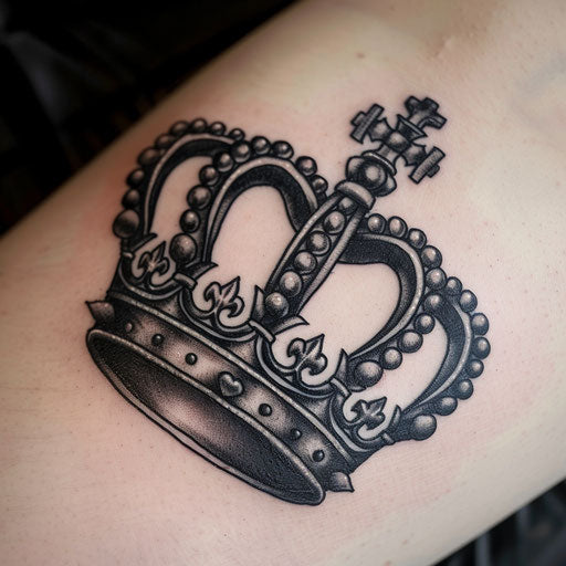 Traditional king crown and tattoo in thick black ink