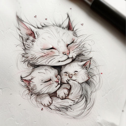 Heartwarming tattoo sketch of a mother cat with kittens, soft shades of grey and pink