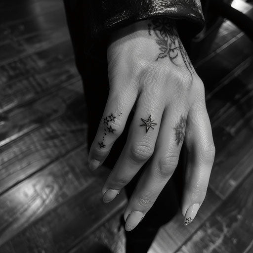 Finger tattoos for women in the style of Ami James featuring minimalist stars