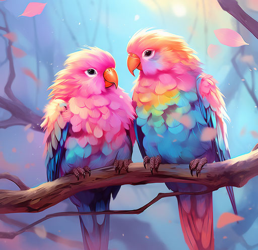 Two colorful birds on a branch, in bold pastel style