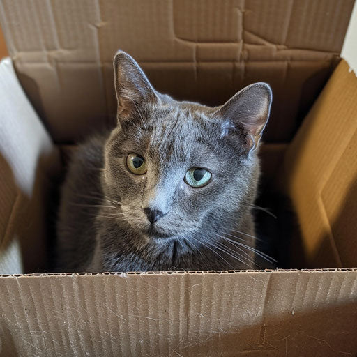 Gray cat in cardboard box, intriguingly taboo style, contained chaos
