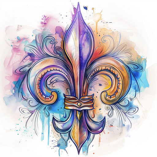 Vibrant watercolor sketch of fleur de lis tattoo