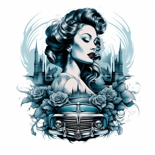 Tattoo of a woman with an artful face, classic American cars style, woodcut, hip-hop style, realistic scenery, gray and azure, poster, rtx on