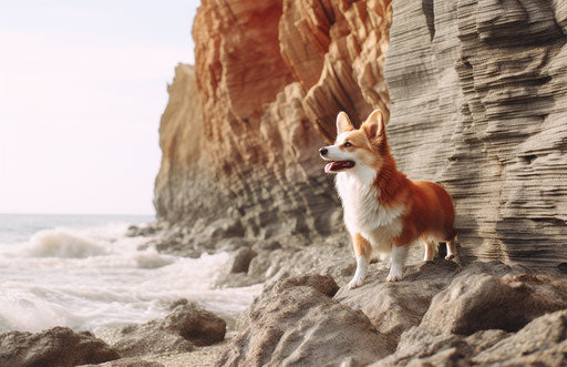 A corgi on cliffs near water on the beach
