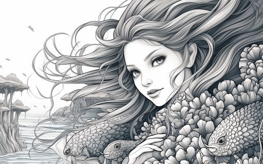 Mermaid with wings and seaweed coloring page